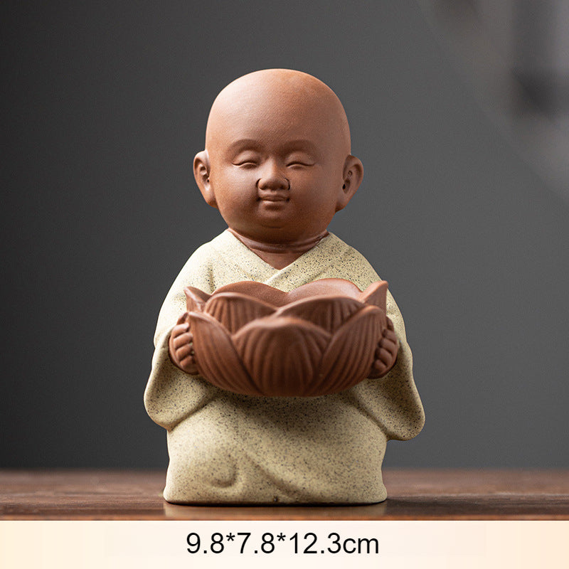 Zen Monk Ceramic Figurine with Lotus Candle Holder - Handcrafted Chinese Meditation Decor (9.8x7.8x12.3cm)