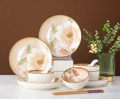 Camellia Ceramic Dinnerware Set - Japanese Style Tableware (11.8cm Rice Bowl, 20.3cm Plate, 23cm Chopsticks)