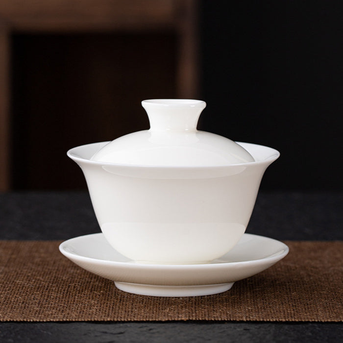 Dehua Blanc de Chine Three-Element Gaiwan - Mutton Fat Jade Porcelain Gongfu Tea Bowl with Lid & Saucer