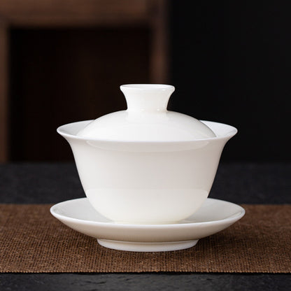Dehua Blanc de Chine Three-Element Gaiwan - Mutton Fat Jade Porcelain Gongfu Tea Bowl with Lid & Saucer