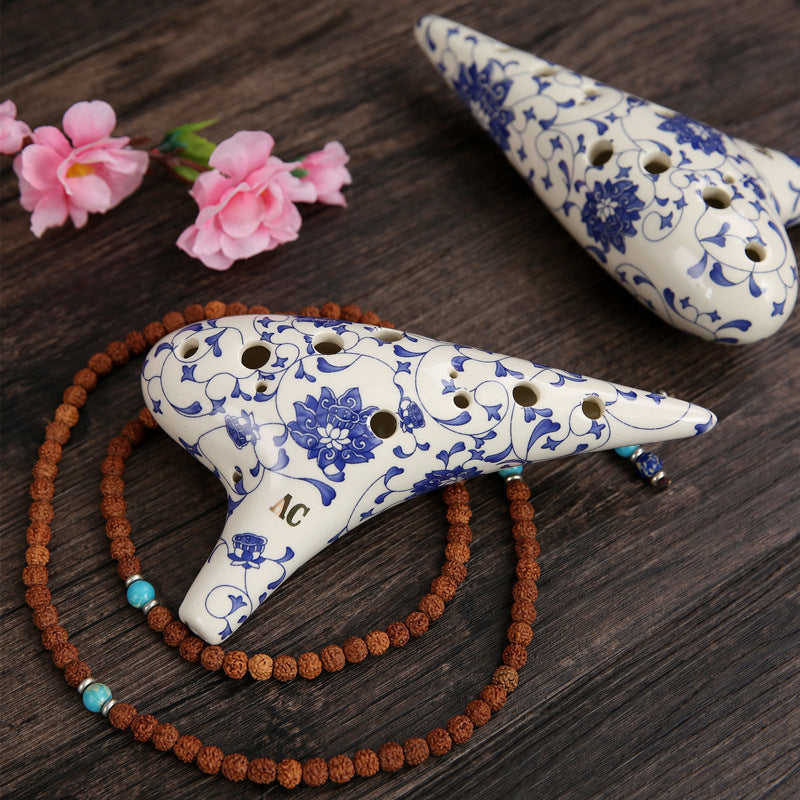 12-Hole Alto C Ceramic Ocarina - Blue & White Porcelain Style (SF/SG/SC/AC Tuning, 18x10x5cm) with Music Sheet, Neck Strap & Carry Bag