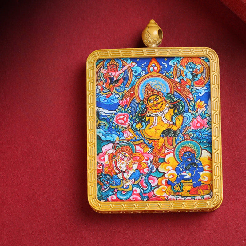 Tibetan Thangka Pendant – Golden Yellow Dzambhala (Wealth Buddha) Thangka Design