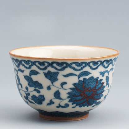 Ru Kiln Blue & White Tea Cup - Handcrafted Crackle Glaze Ceramic with Cobalt Design (Owner's Cup)