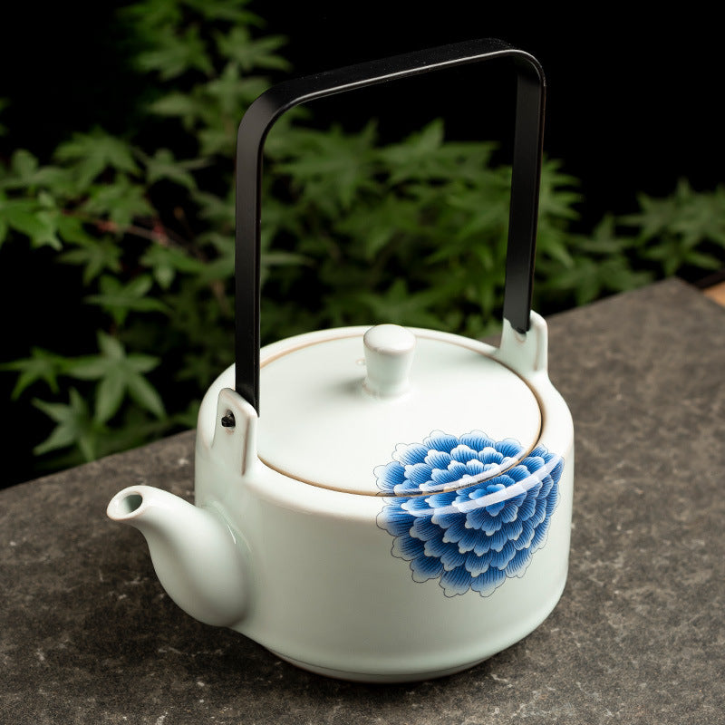 Ru Kiln Arch-Handle Teapot - Large 400ml Crackle Glaze Ceramic with Floral Design (14.5x11x17cm)