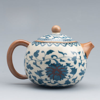 Blue & White Ru Kiln Xishi Teapot - Handcrafted Crackle Glaze Ceramic with Cobalt Patterns (220ml, 12.5x8.5cm)