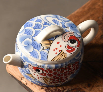 Blue & White Dragon Gate Hanwa Teapot - Ceramic Gongfu Teapot with Koi Fish Design (150ml/200ml Options)