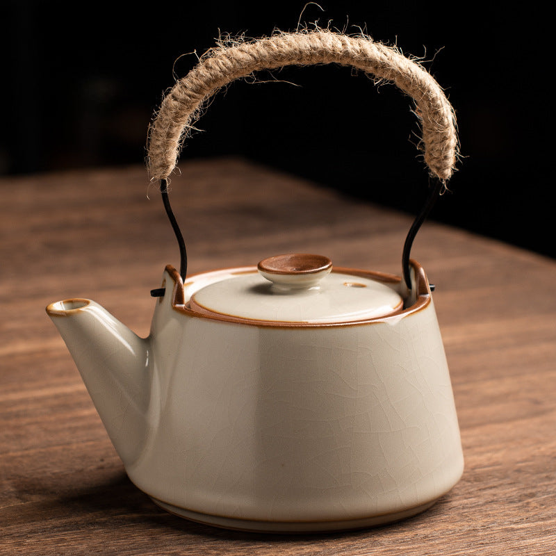 Yellow Ru Kiln Arch-Handle Teapot - Handcrafted Crackle Glaze Ceramic (250ml, 13x14cm)
