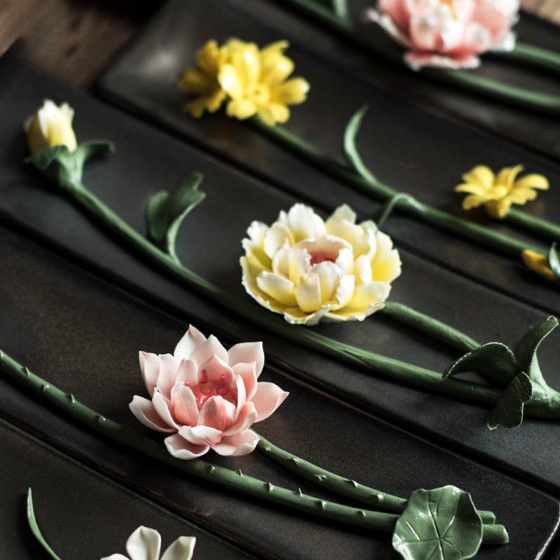 Handmade Floral Ceramic Incense Holder – Home Zen Aromatherapy Burner for Sticks (Includes Free Sandalwood)