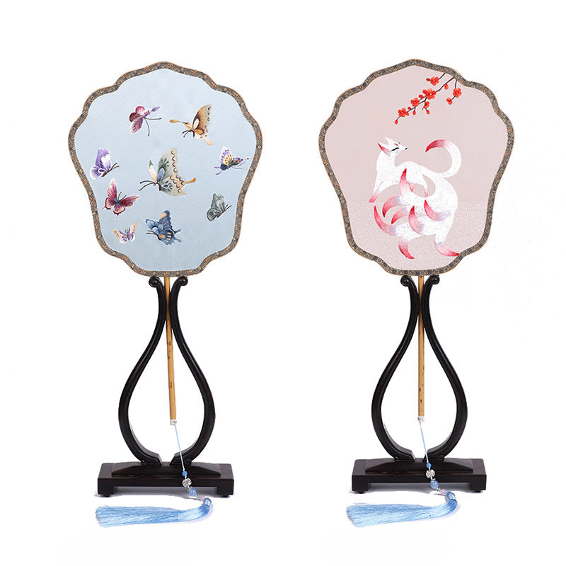 Elegant Double-Sided Embroidered Round Fan - Handmade Su Embroidery on Xiangfei Bamboo