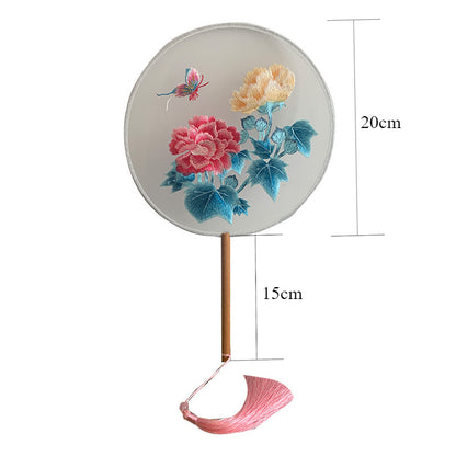 Elegant Double-Sided Embroidered Round Fan with Long Handle - Vintage Palace Style Handheld Fan