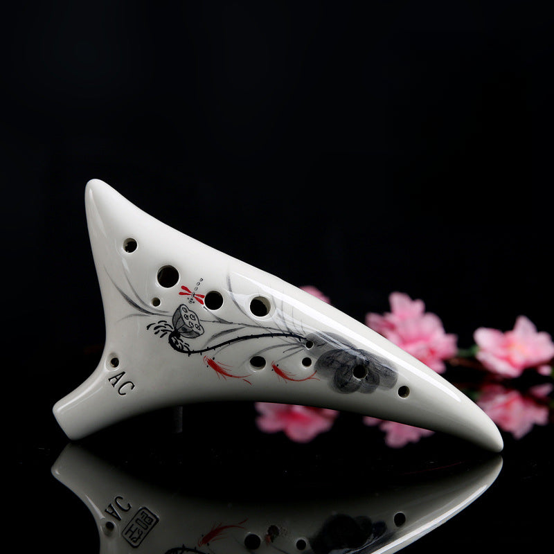 12-Hole Alto C Ocarina with Curved Tail - Hand-Painted Crackle Glaze Design (19x10x6cm, 450g) Includes Music Sheet, Neck Strap & Fabric Case