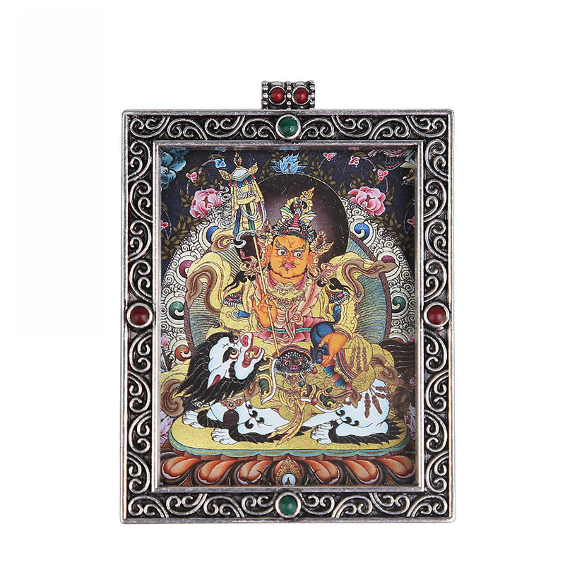 Metal Mini Thangka Box Pendant – Nepalese Wealth God, Green Tara & Four-Armed Avalokiteshvara Silver Pendant
