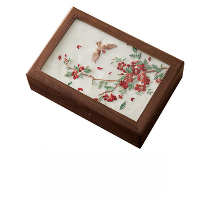 Walnut Wood Jewelry Box with Embroidered Lid - Chinese-Style Gift with Velvet Lining (23x16x6.5cm, 800g, 6 Symbolic Designs)
