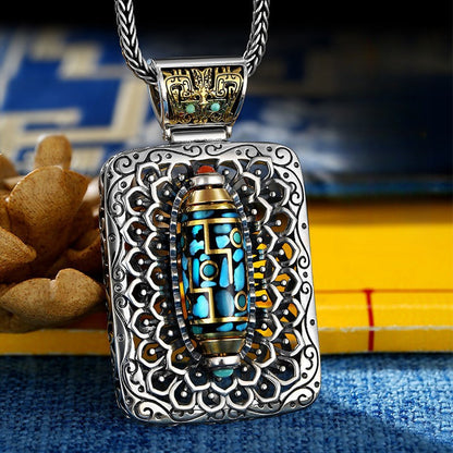 Retro Turquoise Pendant with Rotating Dzi Bead – "Ten Thousand Buddhas" Spiritual Necklace