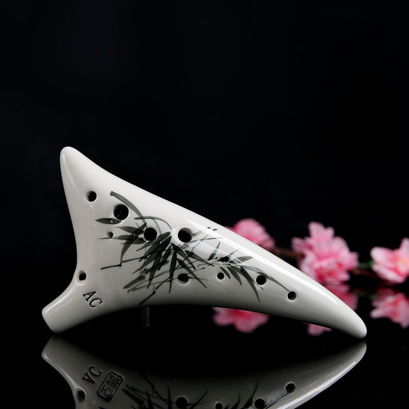 12-Hole Alto C Ocarina with Curved Tail - Hand-Painted Crackle Glaze Design (19x10x6cm, 450g) Includes Music Sheet, Neck Strap & Fabric Case