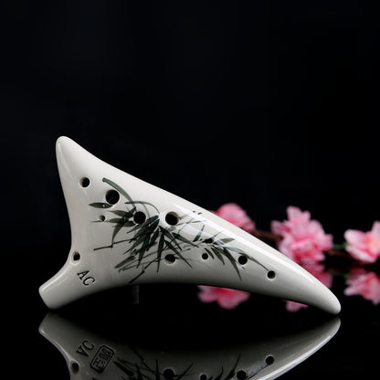 12-Hole Alto C Ocarina with Curved Tail - Hand-Painted Crackle Glaze Design (19x10x6cm, 450g) Includes Music Sheet, Neck Strap & Fabric Case