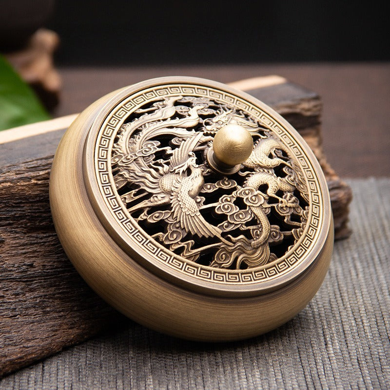 Antique Style Brass Incense Burner for Home - Engraved Incense Ceremony Accessory for Seal or Coil Incense