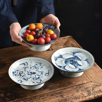 Blue & White Ceramic Fruit Tray - Chinese Style Dessert Plate with Classic Patterns (20.5x7cm, 7 Designs)