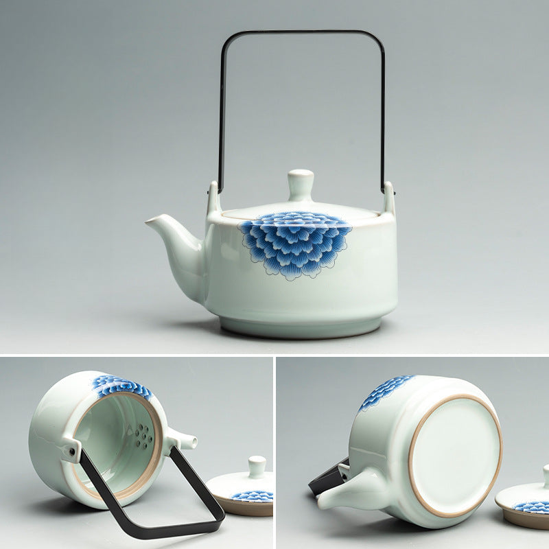 Ru Kiln Arch-Handle Teapot - Large 400ml Crackle Glaze Ceramic with Floral Design (14.5x11x17cm)