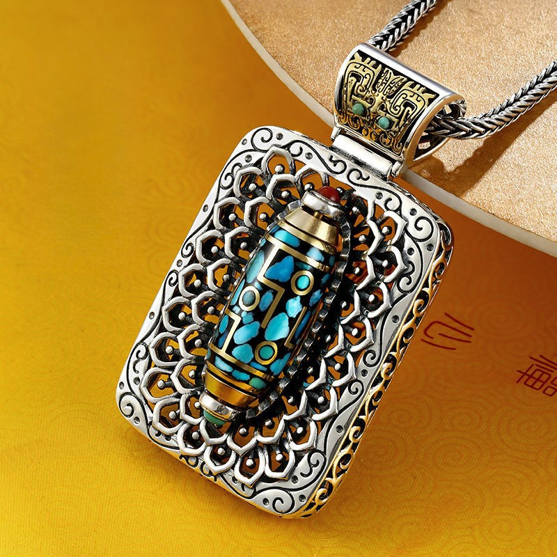 Retro Turquoise Pendant with Rotating Dzi Bead – "Ten Thousand Buddhas" Spiritual Necklace