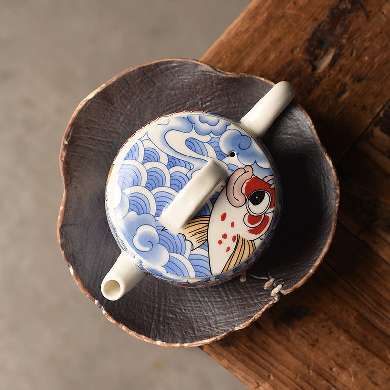 Blue & White Dragon Gate Hanwa Teapot - Ceramic Gongfu Teapot with Koi Fish Design (150ml/200ml Options)
