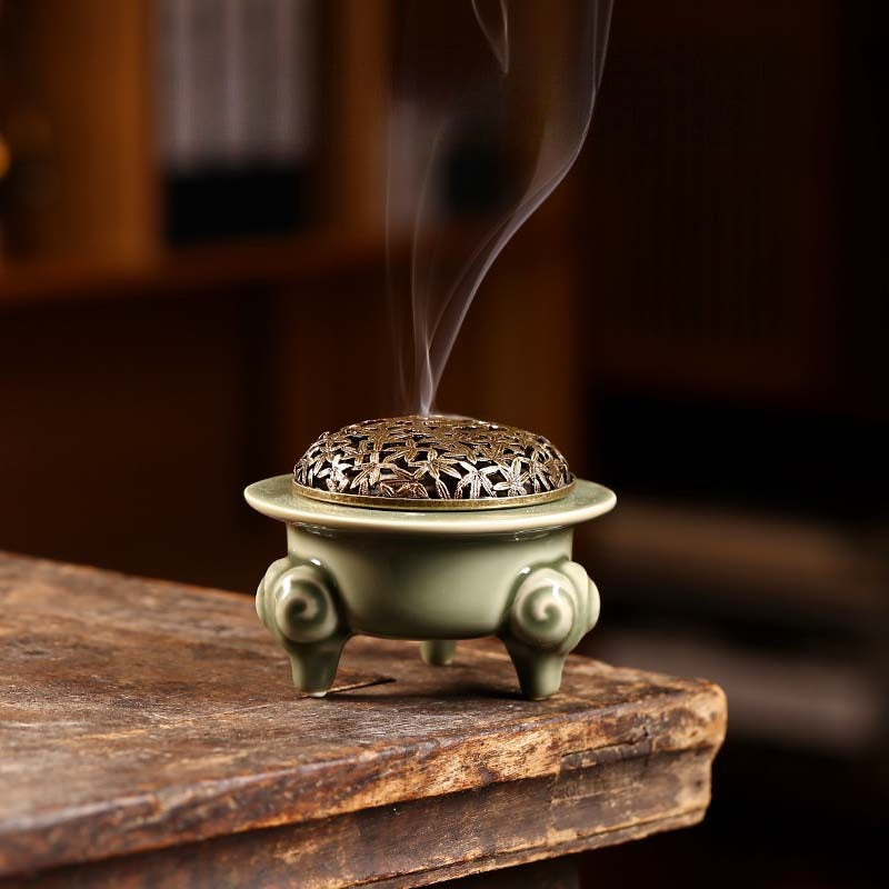 Ceramic Coil Incense Burner with Three Goats Design - Sandalwood and Seal Incense Holder