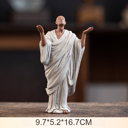 Zen Purple Clay Monk Figurines - Set of 6 Handcrafted Buddhist Statues for Tea Table & Home Decor