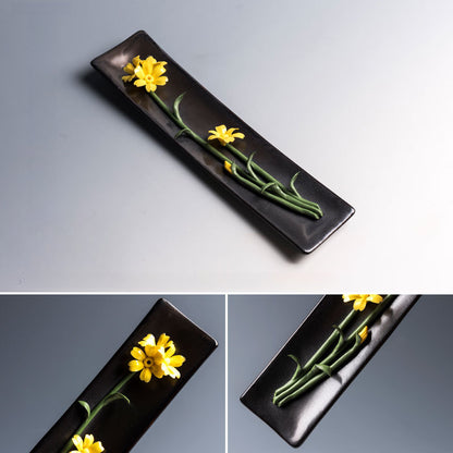 Handmade Floral Ceramic Incense Holder – Home Zen Aromatherapy Burner for Sticks (Includes Free Sandalwood)