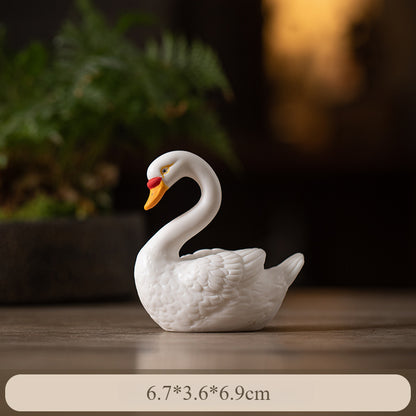 Ceramic Swan Decor Set - Elegant White Swan Figurines for Home, Office, or Fish Tank Landscape (Pair)
