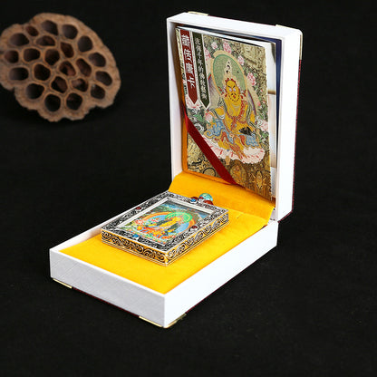 Metal Mini Thangka Box Pendant – Nepalese Wealth God, Green Tara & Four-Armed Avalokiteshvara Silver Pendant