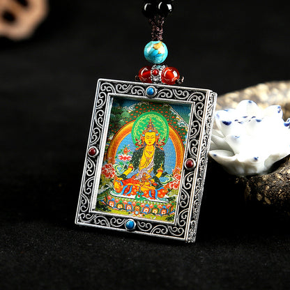 Metal Mini Thangka Box Pendant – Nepalese Wealth God, Green Tara & Four-Armed Avalokiteshvara Silver Pendant