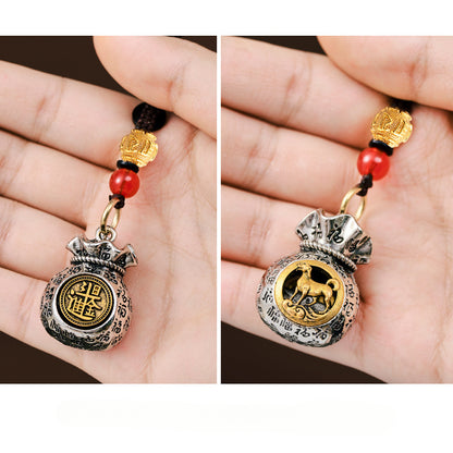 Vintage Zodiac Keychain with Rotatable Lucky Bag Pendant - Chinese Zodiac Signs