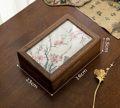 Walnut Wood Jewelry Box with Embroidered Lid - Chinese Style Gift with Velvet Lining (23x16x6.5cm, 0.78kg, 6 Embroidery Designs)