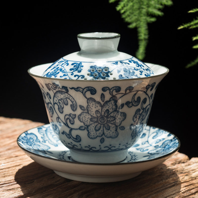 Jingdezhen Blue & White Lidded Tea Bowl - Perforated Cover Ceramic Gongfu Tea Set (170ml, 10x10cm)