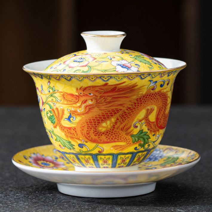 Imperial Style Cloisonné Gaiwan - Handcrafted Enamel Three-Element Tea Bowl with Gold Trim (190ml Capacity)