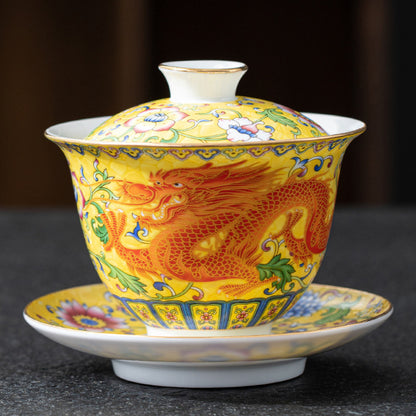 Imperial Style Cloisonné Gaiwan - Handcrafted Enamel Three-Element Tea Bowl with Gold Trim (190ml Capacity)