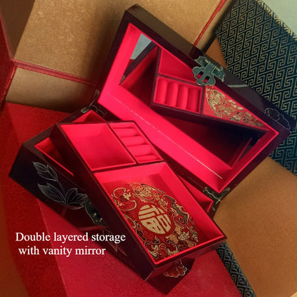 Feng Shui Chinese Lacquer Jewelry Box - Red & Gold Wooden Organizer with Drawers, Luxury Gift Case for Women
