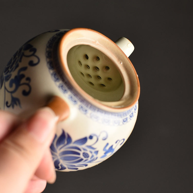 Blue & White Ru Kiln Tea Set - Interlocking Lotus Design Ceramic Gongfu Set (6-Piece)