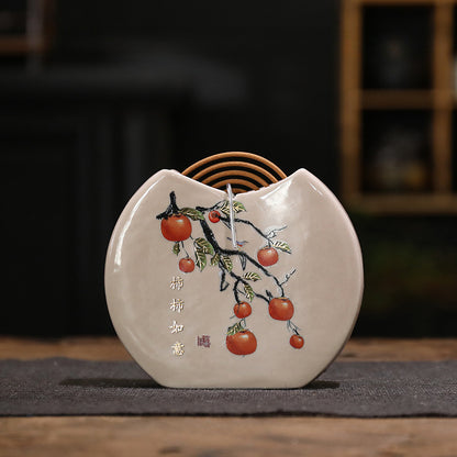 Persimmon-Themed Ceramic Incense Burner - Mini Round Fan Design for Coil Incense (11.5x10x2.2cm, 180g)