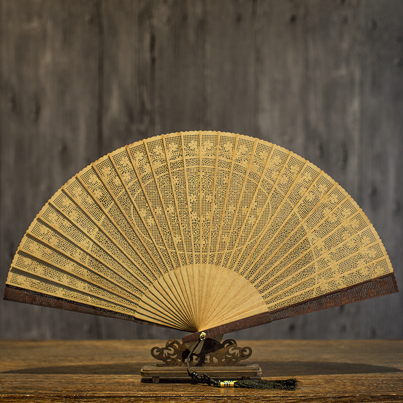 Handcrafted 7 Inch Burmese Wood Folding Fan - Traditional Suzhou Sandalwood Artistry