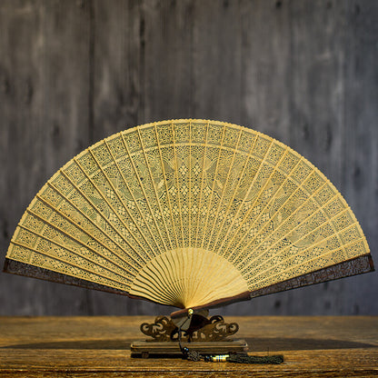 Handcrafted 7 Inch Burmese Wood Folding Fan - Traditional Suzhou Sandalwood Artistry
