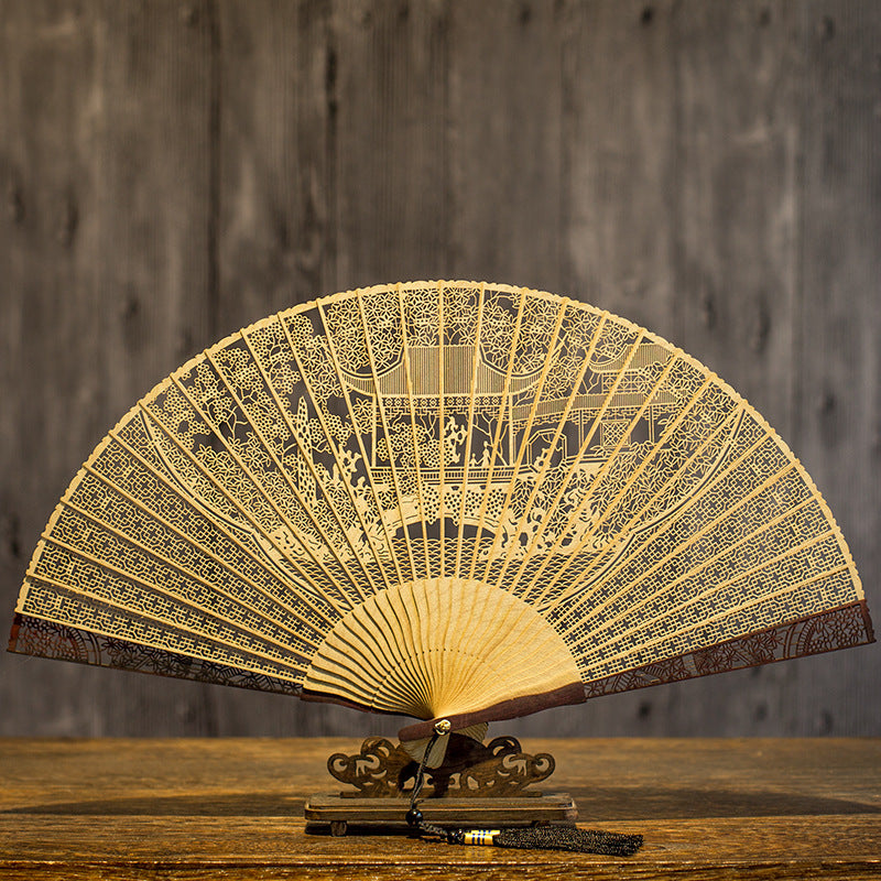 Handcrafted 7 Inch Burmese Wood Folding Fan - Traditional Suzhou Sandalwood Artistry