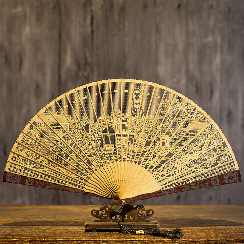 Handcrafted 7 Inch Burmese Wood Folding Fan - Traditional Suzhou Sandalwood Artistry