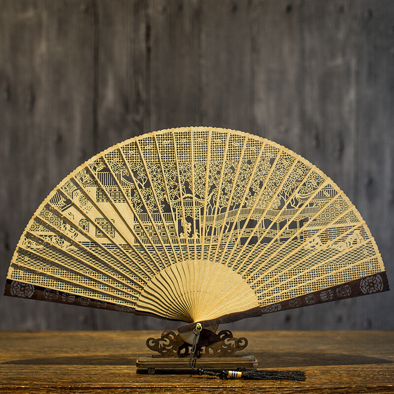 Handcrafted 7 Inch Burmese Wood Folding Fan - Traditional Suzhou Sandalwood Artistry