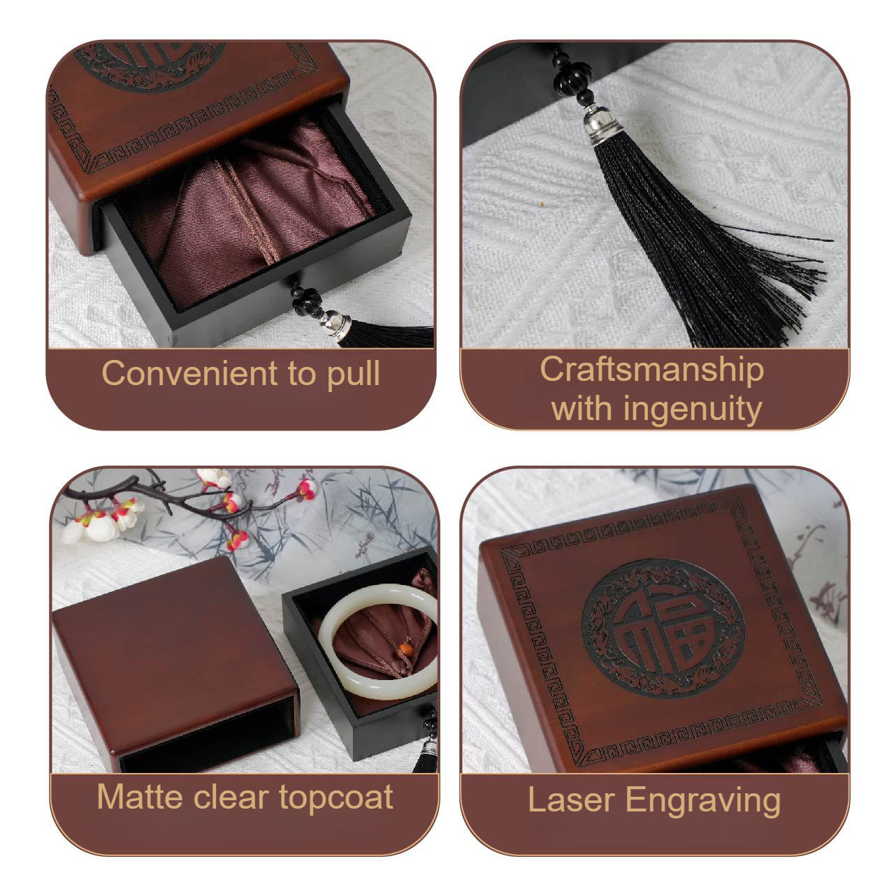 Oak Wood Jewelry Box for Bracelets - Laser Engraved "Fu" Character with Soft Inner Pouch (11.4x11.4x4.9cm, Velvet Lined)