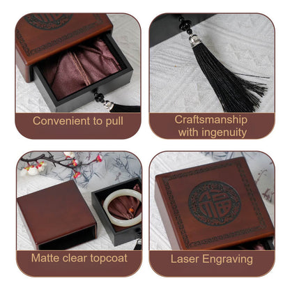 Oak Wood Jewelry Box for Bracelets - Laser Engraved "Fu" Character with Soft Inner Pouch (11.4x11.4x4.9cm, Velvet Lined)