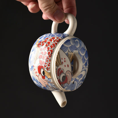 Blue & White Dragon Gate Hanwa Teapot - Ceramic Gongfu Teapot with Koi Fish Design (150ml/200ml Options)
