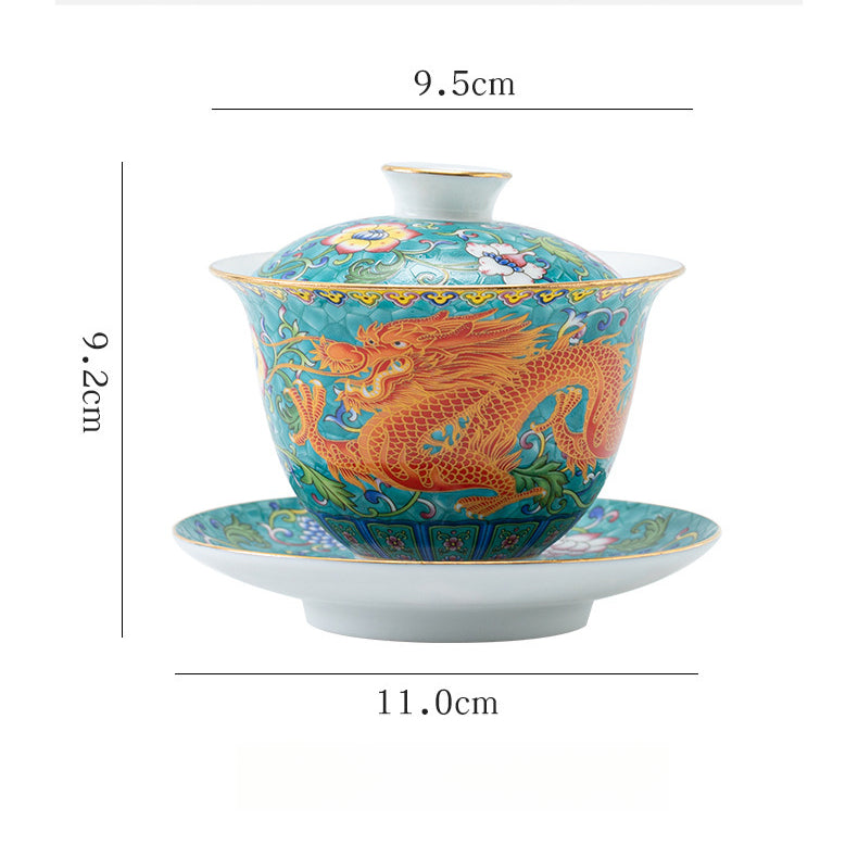 Imperial Style Cloisonné Gaiwan - Handcrafted Enamel Three-Element Tea Bowl with Gold Trim (190ml Capacity)