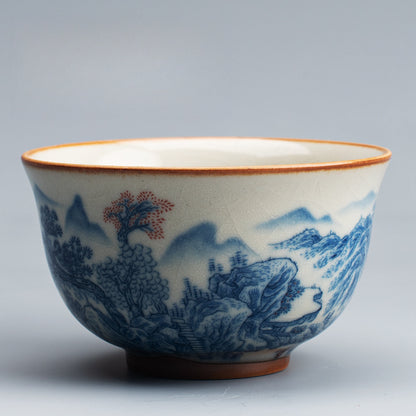 Ru Kiln Blue & White Tea Cup - Handcrafted Crackle Glaze Ceramic with Cobalt Design (Owner's Cup)