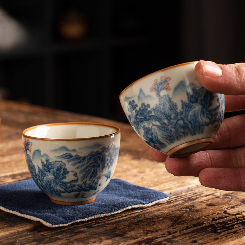Ru Kiln Blue & White Tea Cup - Handcrafted Crackle Glaze Ceramic with Cobalt Design (Owner's Cup)